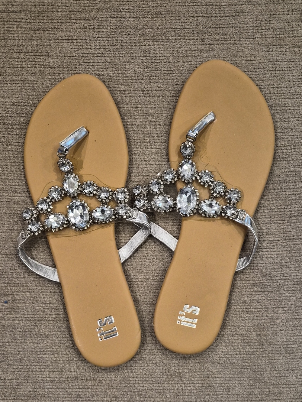 Jeweled Silver Toe-Post Sandals with Crystal Embellishment
